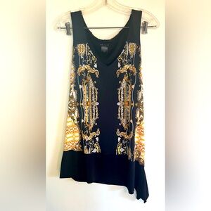 Eva Varro Sleeveless Tunic Asymmetrical Hem Dress Black Gold Baroque Print Small